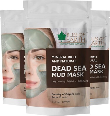 قناع طين البحر الميت للوجه والجسم من بليس أوف إيرث، مسحوق طين البحر الميت النقي للشعر، طين البحر الميت للصدفية وحب الشباب والبشرة الدهنية والرؤوس السوداء، قناع طين البحر الميت - عبوة من 3 × 100 جرام