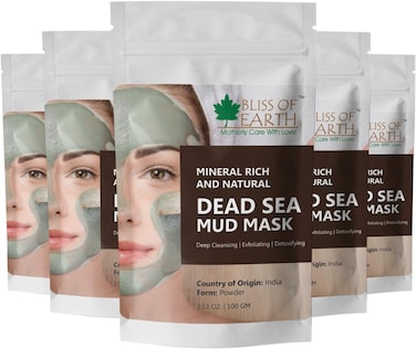 Bliss Of Earth Dead Sea Mud Mask For Face &amp; Body, Pure Dead Sea Mud Powder For Hair, Dead Sea Mud For Psoriasis, Acne, Oily Skin &amp; Blackheads, Dead Sea Mud Mask For Men &amp; Women - Pack Of 5 X 100g