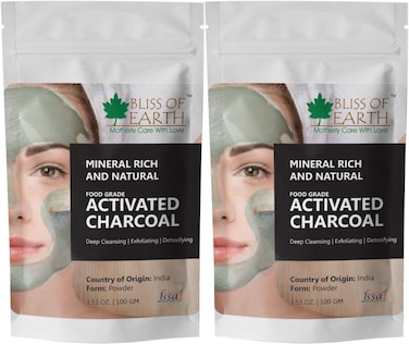 Bliss Of Earth Activated Charcoal Powder For Teeth Whitening, Edible Food Grade Activated Charcoal For Drinks, Coconut Shell Charcoal For Skin, Acne Control &amp; Exfoliating Face Mask - Pack Of 2 X 100g