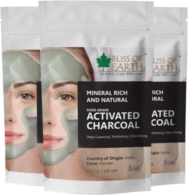 Bliss Of Earth Activated Charcoal Powder For Teeth Whitening, Edible Food Grade Activated Charcoal For Drinks, Coconut Shell Charcoal For Skin, Acne Control &amp; Exfoliating Face Mask - Pack Of 3 X 100g