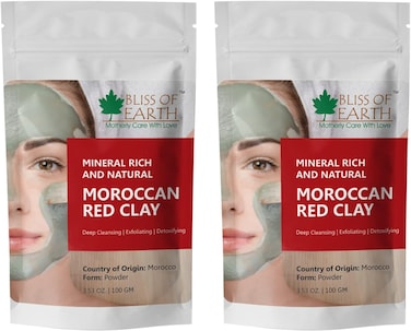 مسحوق الطين الأحمر المغربي من بليس أوف إيرث عضوي للعناية بالبشرة وعلاج حب الشباب ومسحوق طين الراسول لإزالة السموم من الشعر وفروة الرأس - عبوة من 2 × 100 جرام