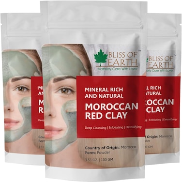 Bliss Of Earth Moroccan Red Clay Powder For Face Mask &amp; Body Wrap, Organic Moroccan Red Clay Mud Mask For Skin Care, Acne Treatment, Rhassoul Clay Powder For Hair &amp; Scalp Detox - Pack Of 3 X 100g