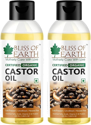 Bliss Of Earth Castor Oil For Hair Growth - Certified Organic Cold Pressed Castor Oil For Face - Hexane Free Castor Oil For Eyelashes And Eyebrows - Deep Hydration Castor Oil - Pack Of 2 X 100ml