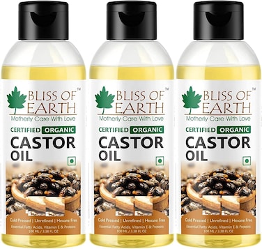 Bliss Of Earth Castor Oil For Hair Growth - Certified Organic Cold Pressed Castor Oil For Face - Hexane Free Castor Oil For Eyelashes And Eyebrows - Deep Hydration Castor Oil - Pack Of 3 X 100ml