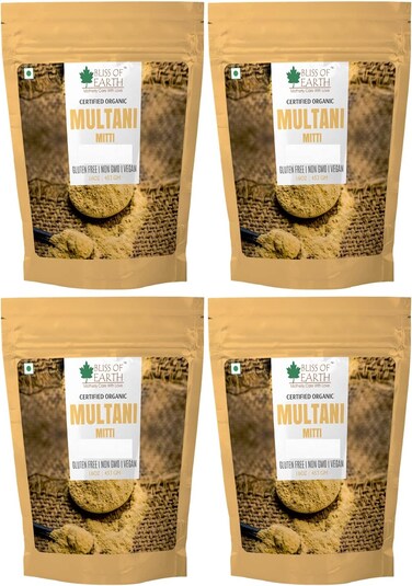 Bliss Of Earth Multani Mitti Powder For Face Mask, Organic Multani Mitti Powder For Hair &amp; Scalp Care, Fuller&rsquo;s Earth Clay Mask For Skin Brightening, Oil Absorption &amp; Acne Treatment - Pack Of 4 X 453g