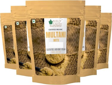 Bliss Of Earth Multani Mitti Powder For Face Mask, Organic Multani Mitti Powder For Hair &amp; Scalp Care, Fuller&rsquo;s Earth Clay Mask For Skin Brightening, Oil Absorption &amp; Acne Treatment - Pack Of 5 X 453g