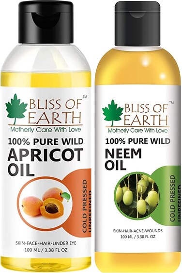 Bliss Of Earth Wildcrafted Himalayan Apricot Oil 100ml+100% Pure Wild Crafted Neem Oil 100ml Great For Haircare, Skincare (Pack Of 2)