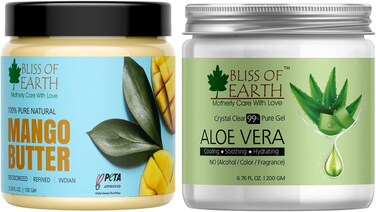 Bliss Of Earth Combo Of Deodorised Indian Mango Butter (100gm) For Face Skin Hair &amp; DIY And 99% Pure Crystal Clear Aloe Vera Gel (200gm) For Face, Body &amp; Hair, Soothing &amp; Hydrating, (Pack Of 2)