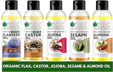 Bliss Of Earth Organic Castor Oil, Sesame Oil, Jojoba Oil, Flaxseed Oil &amp; Sweet Almond Oil, Pack Of 5 (100ml Each)
