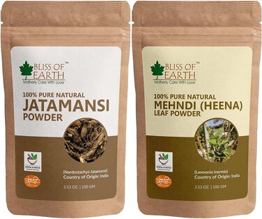 مسحوق جاتامانسي نقي وطبيعي 100% من بليس اوف ايرث + مسحوق حنة نقي وطبيعي 100%، 100 جرام، لون شعر طبيعي، شعر لامع، مسحوق مهندي (عبوة من قطعتين)