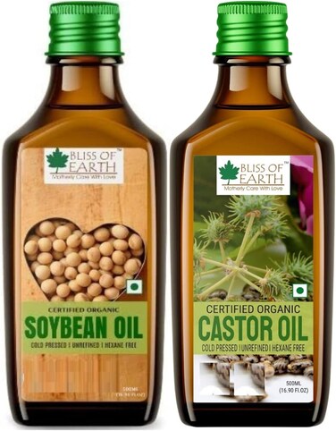 Bliss Of Earth 500ml Certified Organic Castor Oil For Hair Growth + 500ml Organic Soybean Oil, Cold Pressed &amp; Hexane Free