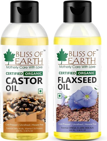 Bliss Of Earth Certified Organic Castor Oil &amp; Flaxseed Oil Combo Pack Of 2 (100ml Each)