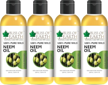 Bliss Of Earth Neem Oil For Plants, Cold Pressed Neem Oil For Skin, 100% Pure Wild Crafted Neem Oil For Hair &amp; Scalp Health, Chemical-Free Insecticide Indian Lilac For All Pests - Pack Of 4 X 100ml