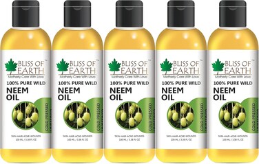 Bliss Of Earth Neem Oil For Plants, Cold Pressed Neem Oil For Skin, 100% Pure Wild Crafted Neem Oil For Hair &amp; Scalp Health, Chemical-Free Insecticide Indian Lilac For All Pests - Pack Of 5 X 100ml