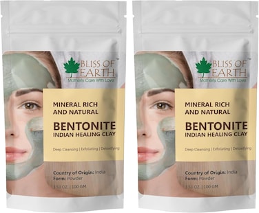 Bliss Of Earth Bentonite Clay Powder For Skin, Bentonite Clay Mask For Face &amp; Body, Edible Bentonite Clay For Weight Loss, Indian Healing Clay For Detoxifying &amp; Deep Cleansing - Pack Of 2 X 100g