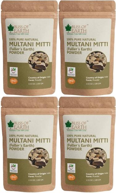 مسحوق ميتي مولتاني لقناع الوجه من بليس أوف إيرث، مسحوق ميتي مولتاني عضوي للعناية بالشعر وفروة الرأس، قناع طين فولر إيرث لتفتيح البشرة وامتصاص الزيوت وعلاج حب الشباب - عبوة من 4 × 100 جرام