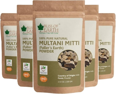 Bliss Of Earth Multani Mitti Powder For Face Mask, Organic Multani Mitti Powder For Hair &amp; Scalp Care, Fuller&rsquo;s Earth Clay Mask For Skin Brightening, Oil Absorption &amp; Acne Treatment - Pack Of 5 X 100g