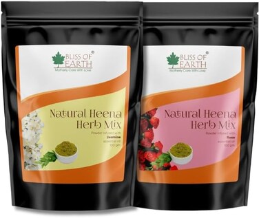 الحنة العشبية للشعر من بليس أوف إيرث: مجموعة خاصة من الورد والياسمين ممزوجة بأعشاب الأملا والنيم وعلكة البابول والزيوت العطرية للحصول على لون شعر يدوم طويلاً وتغذية الشعر - عبوة من قطعتين × 100 جرام