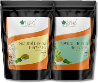 الحنة العشبية للشعر من بليس أوف إيرث: مجموعة خاصة من الياسمين والريحان ممزوجة بأعشاب الأملا والنيم وعلكة البابول والزيوت العطرية للحصول على لون شعر يدوم طويلاً وتغذية الشعر - عبوة من قطعتين × 100 جرام