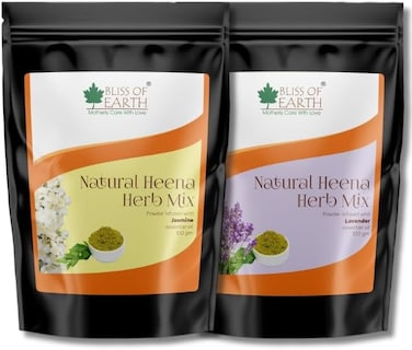 الحنة العشبية للشعر من بليس أوف إيرث: مجموعة الياسمين واللافندر ممزوجة بأعشاب الأملا والنيم وعلكة البابول والزيوت العطرية للحصول على لون شعر يدوم طويلاً وتغذية الشعر وصحته - عبوة من قطعتين × 100 جرام