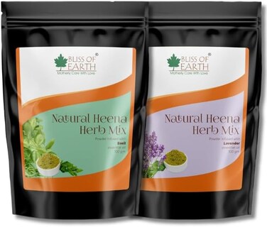 مجموعة الحنة العشبية من بليس أوف إيرث للشعر والريحان واللافندر الممزوجة بأعشاب أملا والنيم وعلكة البابول والزيوت العطرية للحصول على لون شعر يدوم طويلاً وتغذية الشعر وصحته - عبوة من قطعتين × 100 جرام