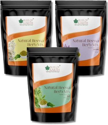 الحنة العشبية للشعر من بليس أوف إيرث: مجموعة اللافندر والياسمين والريحان ممزوجة بأعشاب أملا والنيم وعلكة البابول والزيوت العطرية للحصول على لون شعر يدوم طويلاً وتغذية الشعر - عبوة من 3 × 100 جرام