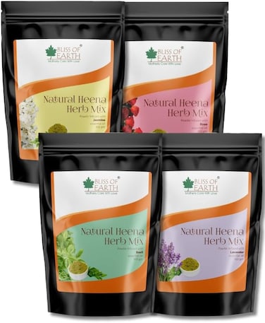 الحنة العشبية للشعر من بليس أوف إيرث: مجموعة الورد واللافندر والياسمين والريحان الممزوجة بالأملج والنيم وعلكة البابول والزيوت العطرية للحصول على لون شعر يدوم طويلاً وتغذية الشعر - عبوة من 4 × 100 جرام