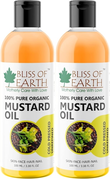 زيت الخردل بليس أوف إيرث، زيت مضغوط على البارد لنمو الشعر، زيت خردل كاتشي غاني عضوي نقي 100% للبشرة والجسم وصحة القلب ودعم الجهاز الهضمي - عبوة من 2 × 100 مل