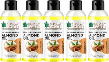 Bliss Of Earth Sweet Almond Oil For Skin, Cold Pressed Organic Sweet Almond Oil For Hair, 100% Pure &amp; Unrefined Almond Oil For Face, Nails &amp; Baby Skin - Pack Of 5 X 100ml
