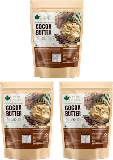 زبدة الكاكاو من بليس أوف إيرث لصنع الشوكولاتة 3 × 500 جرام، درجة الغذاء، خام وعضوي للشعر والبشرة وعلامات تمدد الجلد