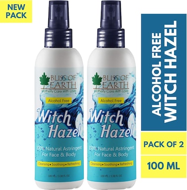 تونر بندق الساحرة الخالي من الكحول من بليس أوف إيرث، 2 × 100 مل، تونر نقي وطبيعي 100%، رائع للوجه والجسم