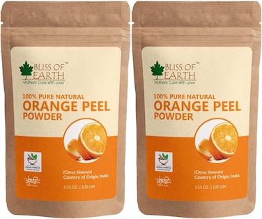 Bliss Of Earth 100% Pure Orange Peel Powder, 2X100gm, Best For Naturally Glowing Skin, Natural Sun Tan Remover &amp; Exfoliator, Hair Conditioning &amp; Skin Care