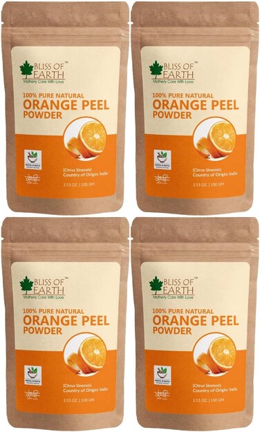 Bliss Of Earth 100% Pure Orange Peel Powder, 4X100gm, Best For Naturally Glowing Skin, Natural Sun Tan Remover &amp; Exfoliator, Hair Conditioning &amp; Skin Care