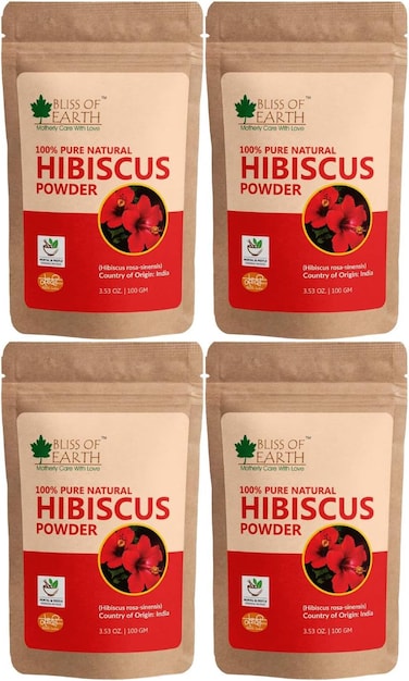 Bliss Of Earth 100% Pure &amp; Natural Hibiscus Powder, 4X100gm, Makes Hair Stronger &amp; Thicker, Controls Ageing, Cures Acne &amp; Pimples