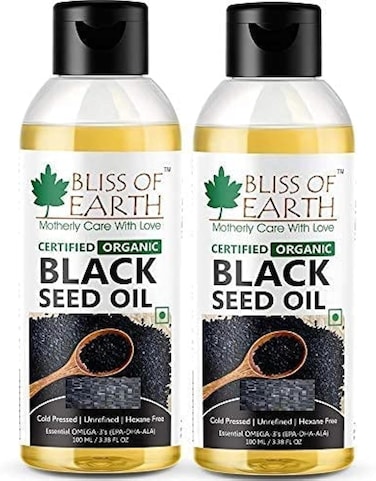 Bliss Of Earth Black Seed Oil, Cold Pressed Organic Kalonji Oil For Hair Growth, Black Seed Oil For Skin Care, Digestive Aid &amp; Immune Support, Habbat Al Baraka Oil For Weight Loss - Pack Of 2 X 100ml