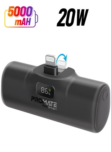 5000 mAh 5000 mAh Power Bank with Built-In Lightning Connector, Premium Mini Capsule Fast Charging, 20W USB-C Power Delivery, LED Display and Foldable Kickstand, PowerUp-i Black