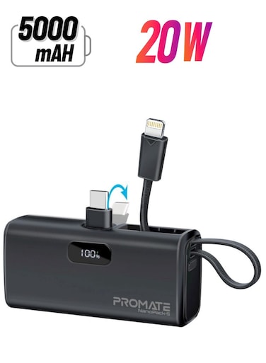 باور بانك فائق الصغر بسعة 5000 مللي أمبير/ساعة مع كابل لايتنينج مدمج، وموصل USB-C قابل للطي، ومنفذ توصيل طاقة USB-C بقوة 20 وات، وشاشة LED وحماية الشحن لهاتف iPhone 15، NanoPack-5 أسود