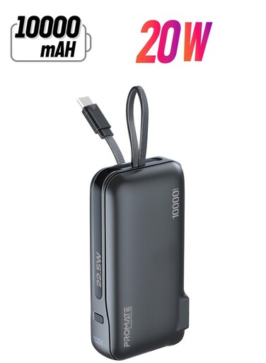 10000 mAh Ultra-Compact Wall Charger Power Bank Built-In 20W USB-C Output Cable, 20W USB-C in/out Port, 22.5W QC3.0 USB-A Black