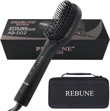REBUNE 3 In 1 Hot Air Styler Negative Ion Hair Straightener Brush, Hot Air &amp; PTC Dual Heating Technology For Smooth Frizz-Free Hair (Black)