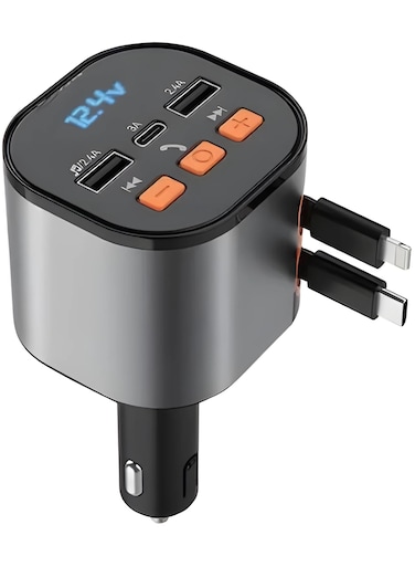 شاحن سيارة قابل للسحب RCp213 محول سيارة للاتصال بدون استخدام اليدين، محول شحن بلوتوث، محول FM مع كابلين قابلين للسحب ومنفذ USB مزدوج ونوع C، مجموعة السيارة