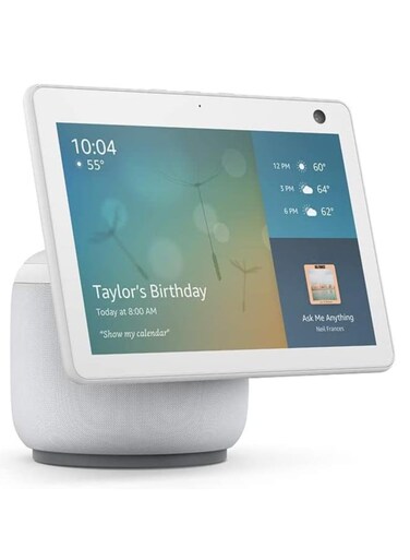 إيكو شو 10   شاشة ذكية عالية الدقة مقاس 10 بوصات مع الحركة والبلوتوث وأليكسا استخدم صوتك للتحكم في أجهزة المنزل الذكية وتشغيل الموسيقى أو القرآن الكريم والمزيد (يتحدث الإنجليزية والخليجية) ابيض