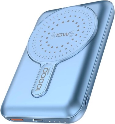 بنك طاقة لاسلكي 10000 مللي أمبير في الساعة مع تقنية الشحن السريع 15 وات من MagSafe وتقنية PD 20 وات ومنفذ شحن سريع 3.0، أزرق