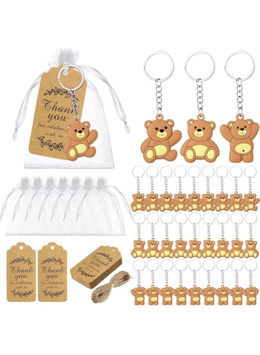 Rtteri 120 Pcs Bear Baby Shower Favors Bear Party Favors, Cute Bear Keychain with Organza Bags Thank You Kraft Tags and Rope for Guests Girls Boys Birthday Party Supplies Decorations (Brown, Stylish)