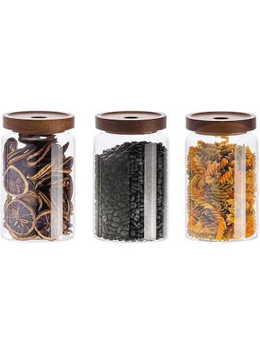 GGEROU Airtight Glass Storage Jar with Acacia Wood Air-tight Lid,3 Pack Borosilicate Glass Kitchen Canisters，Glass Canister for Kitchen, Pantry Organization, Ideal for Coffee, Nuts, Cookie (800ml)