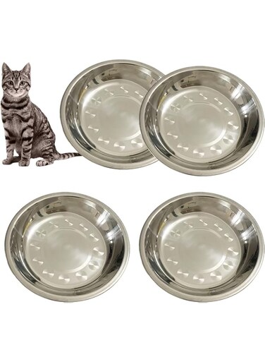 Shallow Cat Food Bowls Stainless Steel Cat Dish Wide Small Dog Bowls Whisker Fatigue Relief Cat Plates for Kittens Puppy Hamster 4 Pcs (8.4 Inch Dia.)