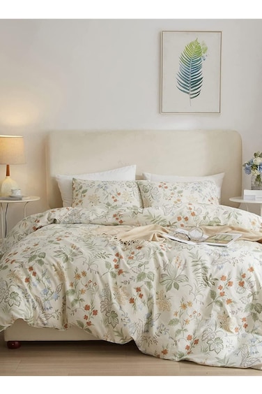 Home Queen size 6pieces: Duvet Cover (200x230cm), 1 Flat Sheet (230x250cm), and 4 Pillow Cases (50x75cm),botanical bedding set featuring a green and gold floral design 200x230cm.