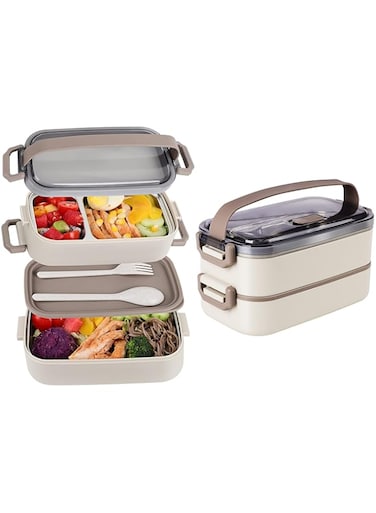 NOSLY Stainless Steel Bento Box for Adults&amp;Kids, Leakproof Lunch Box Divided Food Meal Storage Containers Set Stackable 2 Layer for Children School Picnic (Beige)