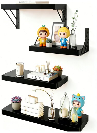 Pcs Black Wall Mounted Floating Shelves Sturdy Wooden Display Rack Storage Organizer for Living Room Bedroom Home Decor Books Plants