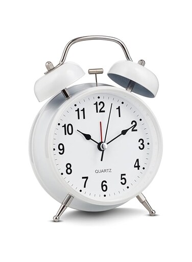 Bernhard Products Analog Alarm Clock 4" Twin Bell White Silent Non-Ticking Quartz Battery Operated Extra Loud with Backlight for Bedside Desk, Retro (White)
