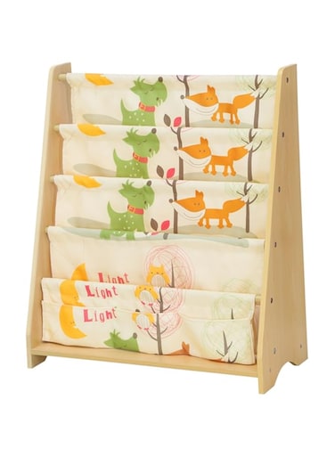 SONGMICS Children's Sling Bookcase, 4 Tier Fabric Book Shelves For School Supplies Stationery, Storage Unit and Rack in Children's Room, Nursery, Kindergarten, Animal Theme with Maple Finish GKR71YL